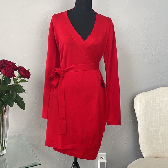 Lulu's Long Sleeve Red Wrap Sweater Dress - Picture 2 of 7